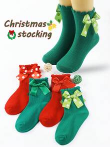2 Pairs Christmas Color Mid-Calf Socks, Suitable For Party Decorations, New Year Party Gifts, Small Giveaways, Bow Decorated Mid-Calf Socks, Family Holiday Christmas Party Decorations, Thickened Christmas Dot Bow Socks For Infants And Toddlers
