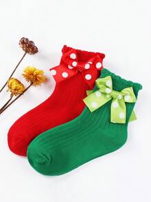 2 Pairs Christmas Color Mid-Calf Socks, Suitable For Party Decorations, New Year Party Gifts, Small Giveaways, Bow Decorated Mid-Calf Socks, Family Holiday Christmas Party Decorations, Thickened Christmas Dot Bow Socks For Infants And Toddlers