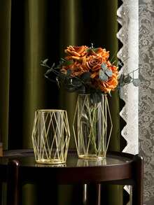 1pc Iron Geometric Simple Glass Hydroponic Vase, Classic Geometric Cylindrical Shape Light Luxury Style Vase, Home Decoration, Suitable For Living Room Wine Cabinet, Desktop Decoration