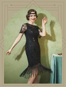 1920s Plus Size Flapper Dress Vintage Fringed Gatsby Sequin Beaded Tassels Gatsby Dress Party Prom Cocktail Dress - màu đen - Xem 2