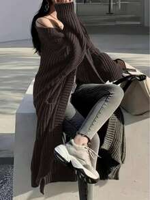 纯色前开宽松针织开衫，休闲长袖长款带口袋毛衣，女士服装 - 咖啡棕 - 查看 3
