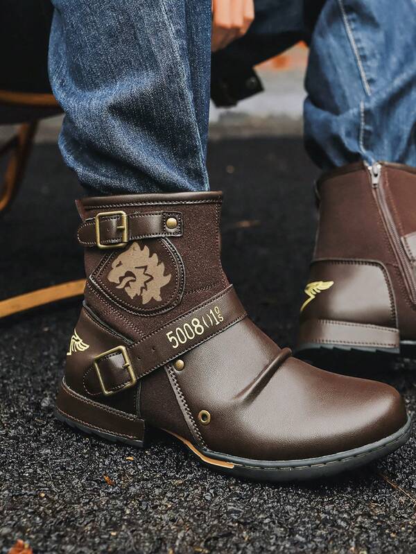 Stivali con cerniera laterale, stivali da moto retrò con decorazioni metalliche in colore abbinato