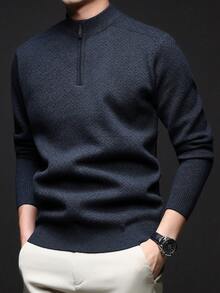 Men's Autumn/Winter Half-Zip Collar Striped Casual Pullover Sweater, Business Commute Simple Style, Long Sleeve Top - Dark Grey - View 5