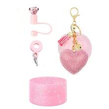 4 Stücke Zubehör-Set für Becher, Diamant-Strohhalm-Abdeckkappe, Glitzer-Silikonhülle für Becher, Silikonanhänger für Strohhalme, Diamant-Herz-Anhänger mit Bommel-Schlüsselanhänger, für Outdoor-Aktivitäten, Valentinstag
