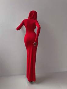 Sedessea Women's Elegant Solid Red Casual Sexy Hooded Split Dress, Suitable For Daily Outings, Dates, Music Festivals, Holidays, Parties, Street Photography, Gatherings, Halloween, Christmas, New Year - Red - View 5