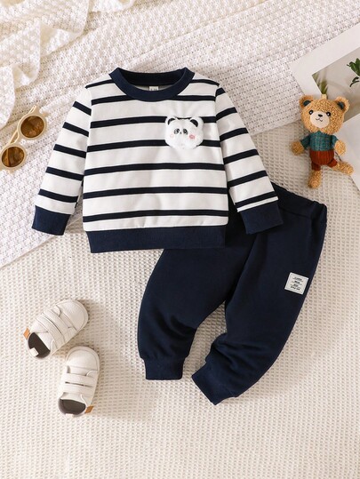 2pcs Baby Boy Casual Sports Style Set, Regular Fit, New Autumn/Winter Striped Long Sleeve Crew Neck Sweatshirt With Cute Panda Plush Decor + Pants Outfit, Suitable For Outdoor Activities