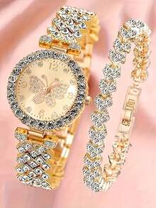 2pcs Stylish Women's Quartz Watches With Shiny Heart Element Bracelet Set, Minimalist Round Dial, Elegant And Comfortable Strap, The Best Gift For Her, Ideal For Back-To-School Season, Holiday Gifts, And Everyday Wear.