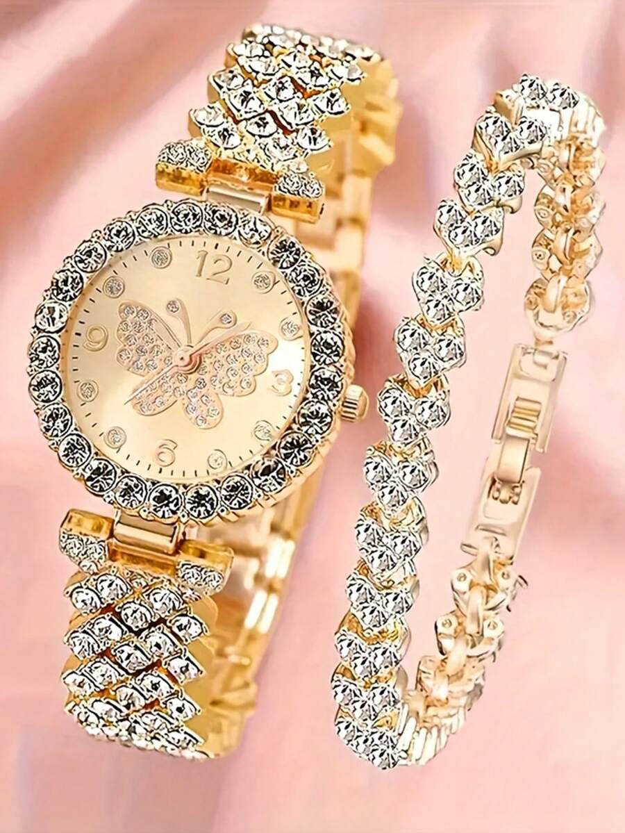 2pcs Stylish Women's Quartz Watches With Shiny Heart Element Bracelet Set, Minimalist Round Dial, Elegant And Comfortable Strap, The Best Gift For Her, Ideal For Back-To-School Season, Holiday Gifts, And Everyday Wear.