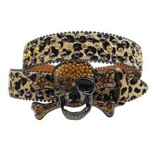 Halloween Bohemian Leopard Pattern Punk Style Rhinestone Studded Skull Design Glitter Waist Belt, Goth Y2k Streetwear Accessory For Pants