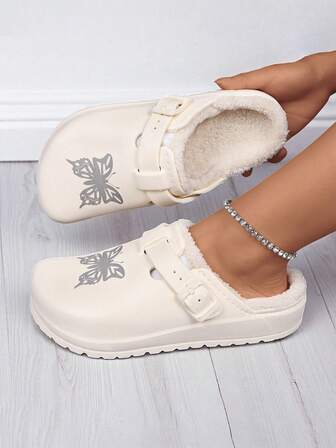 女士毛绒内衬木屐 - 轻质 EVA 冬季鞋，配有柔软的织物衬里，简单的圆头设计，易于手洗，适合室内/室外穿着，女士拖鞋