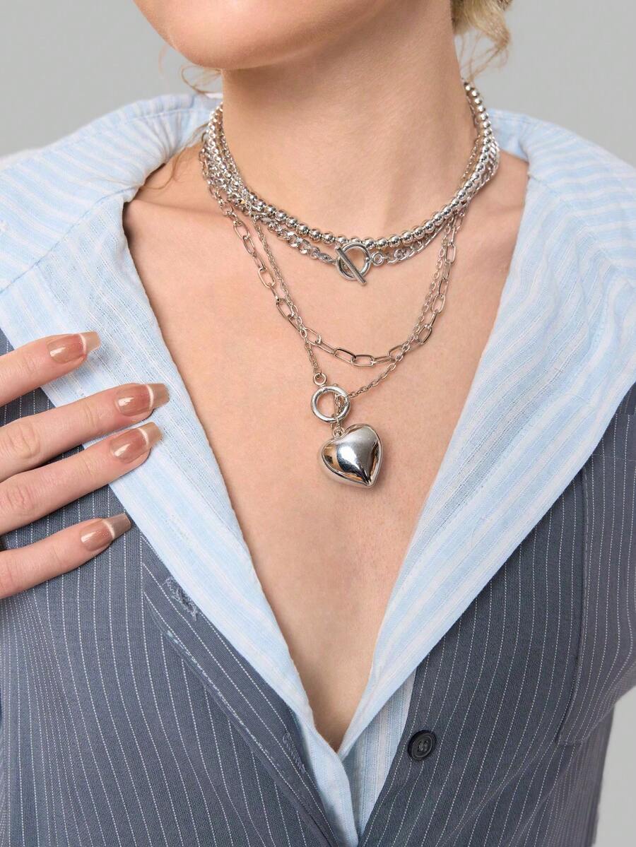 DareSee 4件套时尚银色合金多层心形吊坠项链套装，女士奢华配饰，适合夏季派对、情人节、送给妈妈、母亲节、音乐节、Y2K 节、返校季、秋季、圣诞节、冬季等场合。 - 銀色A - 查看 1