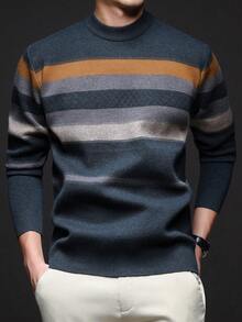 男士厚款 V 领提花毛衣，休闲商务通勤长袖套头衫，适合分层穿着或外套，秋冬 - 青碧色 - 查看 8