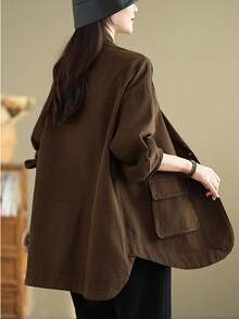 Women's Plus Size Fall Retro Oversized Blazer - European-Style Utility Jacket, Loose Fit & Figure-Flattering, Casual Fashion Outerwear