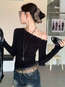 复古美式性感铆钉不对称肩长袖修身休闲上衣，初秋