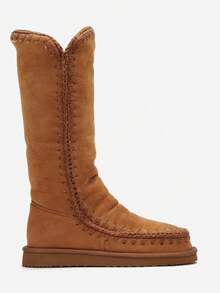 Flat Sole Snow Boots With Stitching And Fur - Brown - View 3