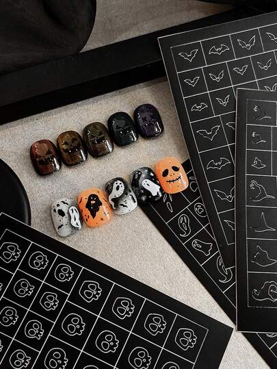 1 قطعة ملصق فني لأظافر بتصميم الخفافيش والجمجمة بطريقة تجويفية، ديكور أظافر