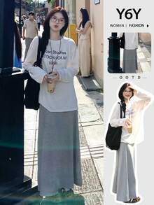 Y6Y Korean Style Loose Fit Gray Long Skirt, 2025 New Casual Relaxed Retro Skirt