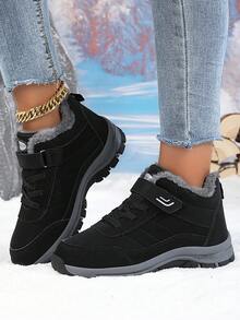 ​Women's Black Chunky Sole Sneakers - Plush Lined Suede Upper With Raw Hem Denim For Winter Street Style, Year-Round Shoes For Women​ - 黑色 - 查看 2