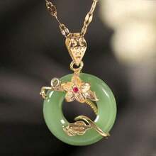 1 Green Peace Buckle Necklace Flower Ring Micro-Paved Light Luxury Niche Green Jade Lotus Leaf Pendant Suitable For Daily Wear By Women Valentines - 黃金 - 查看 7