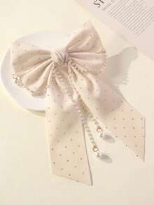 1pc Girls' Fashion Rhinestone Bow Pearl Pendant Decor Spring Clip (Random Pearl Quantity) - Beige - View 4