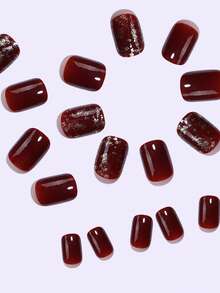 24pcs Short Square Faux Nail Tips, Burgundy Gold Floral Pattern Manicure Set, Includes Jelly Gel And Nail File, Suitable For Girls And Women To Wear On Holidays, Red Nails