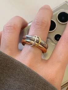 独特设计的不锈钢双层双色戒指，适合女士防水金色时尚饰品 - 金銀色 - 查看 11