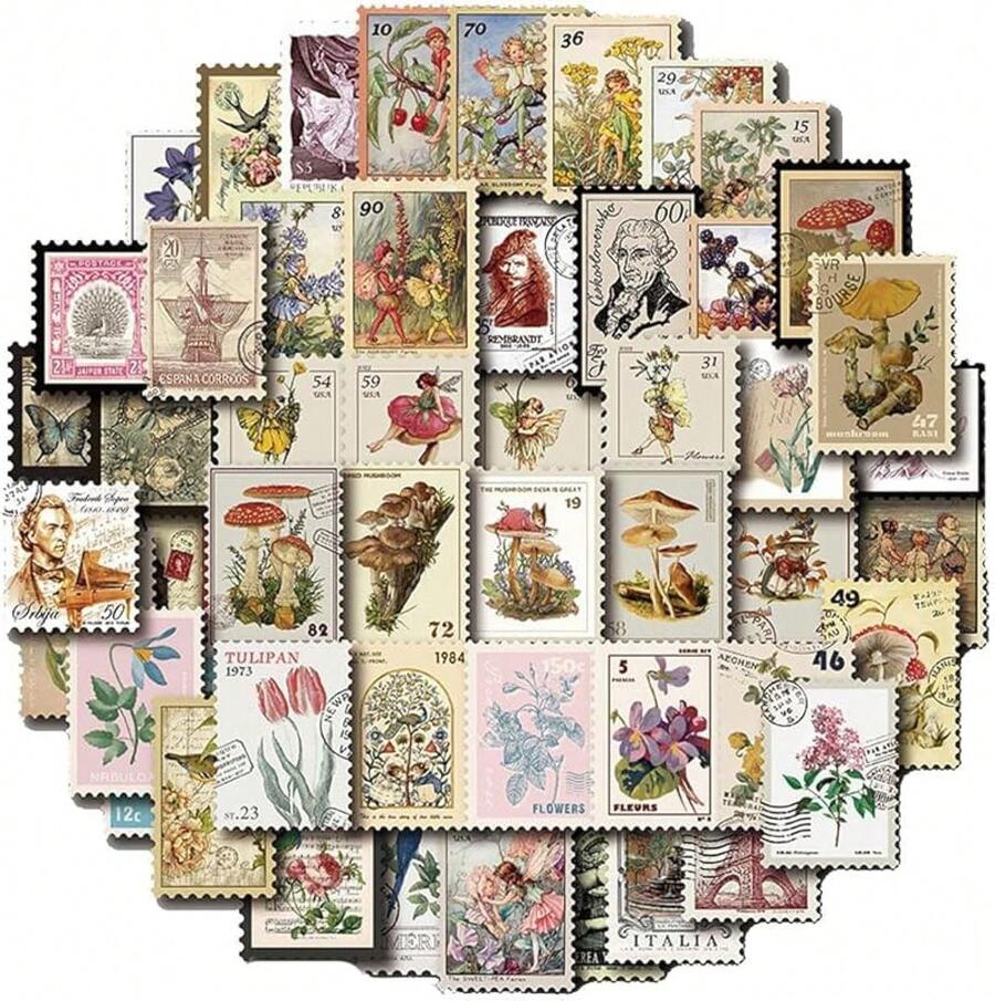 Lumbor37 Vintage Stamp Pegatinas 50 Piezas Sellos Decorativos Calcomanías de Papel Decorativo Bolsas de Sobre Sellos Etiquetas de Álbum de Recortes (Sellos) - Ba-Cielo - Ver 1