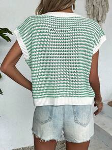 Knit Mix ملابس علوية نسائي أنيق محبوك بأكمام بلا أكمام، ألوان متناسقة، رقبة دائرية، دانتيل، فضفاض، مناسب للعطلات الربيعية والصيفية، ملابس نسائية مناسبة للعيد والشتاء والعودة للمدرسة