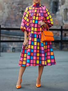 Plus Size Colorful Plaid Stand Collar Lantern Sleeve Dress, Autumn - Multicolor - View 9