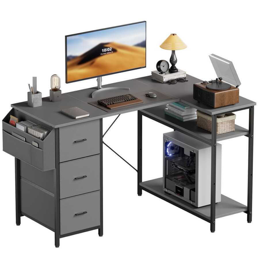 HLONONE Desk 120/140 Cm With 3 Fabric Drawers & Storage Bag, Corner Computer Desk With Shelves For Office & Home Office, 4 Colors - 灰色 - 查看 1