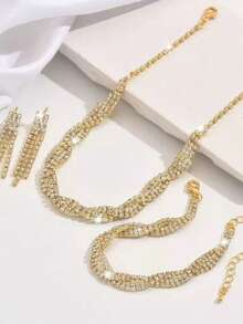 3 Peças Conjunto de Colar, Pulseira e Brincos com Borla, Conjunto de Joias Trançadas em Cruzamento para Mulheres, Acessórios Nupciais para Casamento e Festa - Multicolorido - Visão 9