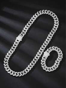 1 Set Unisex Personalized Silver, Hip Hop Rhinestone Encrusted Thick Necklace & Bracelet Butterfly Clasp Combination, European And American Style Thick Gold Chain, Street Hip Hop Rhinestone Necklace & Bracelet Set, Suitable For Women's Daily Wear