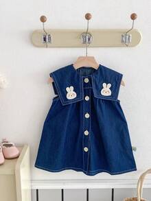 Infant Girls' Korean Style Denim Dress With Rabbit Graphic, Summer Baby Toddler Clothing - Màu xanh lam - Xem 2
