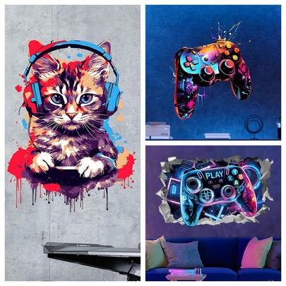Una pegatina de pared autoadhesiva de PVC con un diseño de un controlador de juegos de estilo de dibujos animados ciberpunk. Es resistente al agua, al aceite y a las manchas, lo que la convierte en una hermosa pegatina decorativa para pared adecuada para la decoración de la pared del dormitorio o de la sala de juegos de deportes electrónicos.