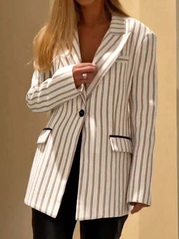 Apricot Striped Suit For Office Wear, Double-Layered, Versatile Style For Spring, Autumn And Winter