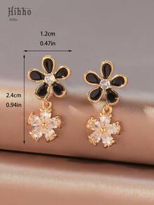 1 Pair Elegant Black Flower Stud Earrings, Featuring Sparkling Zirconia Stones And Glazed Design, Minimalist Versatile Black Earrings For Holiday Party, Women Jewelry Gift