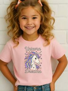 T-Shirt Blouse T-Shirt Unicorn Dreams Children's Girls 100% Cotton Drawings, School, Walk And Day To Day, Short Sleeve, Spring Summer / Pre-Teens - 淺粉色 - 查看 2