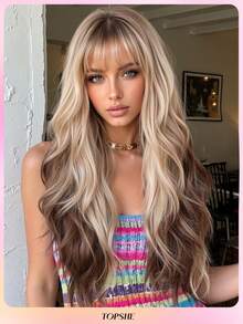 TOPSHE 26 Zoll langes, lockiges Ombre-Haar mit Pony, lockige Wellen, synthetische gewebte Perücken für Frauen, weiches, hitzebeständiges Kunsthaar, Alltag, Halloween-Kostüm, Halloween, Festivalgeschenk