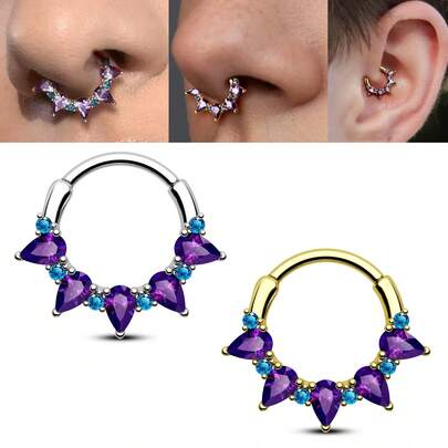 ADYJELY 1 pezzo Elegante anello al setto nasale in acciaio inossidabile ipoallergenico con gemma CZ viola da 16G, design lucido e unico, placcato in oro 18K, anello a segmento unico, anello al setto nasale durevole, adatto per piercing al cartilagine, daith, conca, elice, tragus, rook, lobo, decorazione per piercing al corpo, orecchino per lobo, da 8mm e 10mm, per donne e uomini