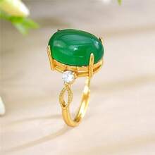 1 pieza Nuevo anillo de piedra preciosa de jade en forma de huevo de paloma, anillo de cobre ajustable con circonita cúbica, anillo de jade y diamante para mujer (talla ajustable)