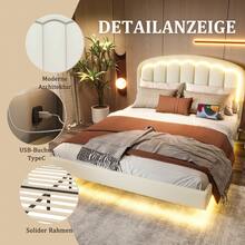 140*200cm/160*200cm, struttura letto moderna bianca con design sospeso, testiera a petalo e pratico spazio di archiviazione, illuminazione a LED e porta USB TYPE-C, elegante e confortevole.