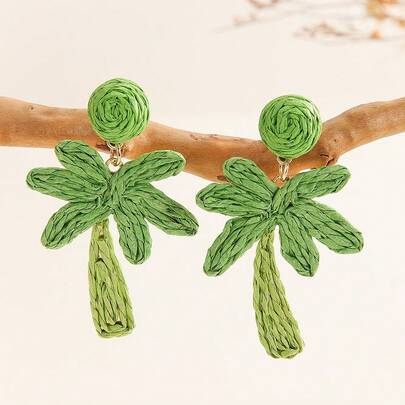 1 Pair Handmade Woven Raffia Coconut Tree Earrings, Boho Tropical Palm Leaf Earrings, Suitable For Women's Daily, Holiday, Party Wear