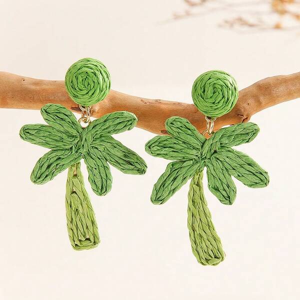 زوج من أقراط شجرة جوز الهند المنسوجة يدويًا، أقراط أوراق النخيل الاستوائية البوهيمية، مناسبة للنساء للاستخدام اليومي والعطلات والحفلات