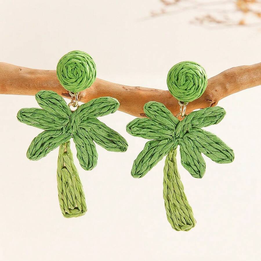 1 Pair Handmade Woven Raffia Coconut Tree Earrings, Boho Tropical Palm Leaf Earrings, Suitable For Women's Daily, Holiday, Party Wear