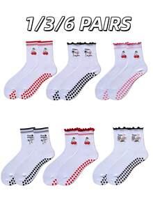 1/3/6 pares de meias femininas com aderência para pilates, meias antiderrapantes para ioga, meias esportivas antiderrapantes com barra fofa, meias com aderência para academia e hospitais - Multicolorido - Ver 18