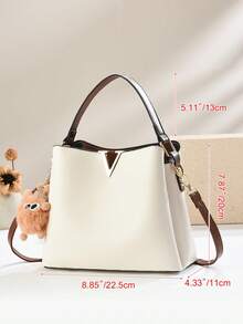 1 set de sac à main, sac à bandoulière et sac bandoulière décontracté pour femme. Sac fourre-tout  doux avec décoration métallique en forme de V. Sac seau avec pendentif mignon - Blanc - Voir 2