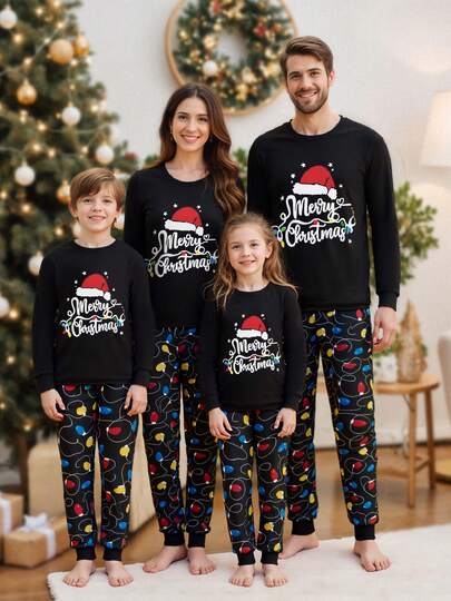 Ensemble de pyjamas assortis pour la famille pour les fêtes d'automne/hiver : Top à manches longues avec imprimé de guirlandes lumineuses et lettres + pantalon pour adulte/enfant/bébé, vêtements de nuit pour les vacances