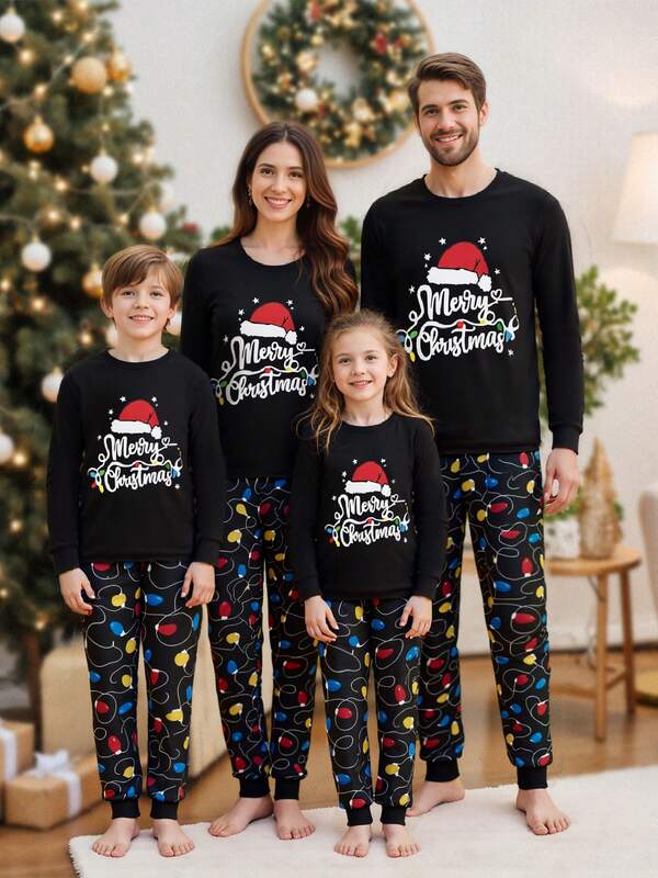 Festive Fall/Winter Christmas Family Matching Pajamas Set: Soft Letter  String Lights Print Long Sleeve Tops + Pants For Adult/Kid/Infant Holiday Sleepwear