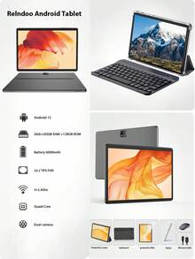 Relndoo Tableta Android 2025 con teclado, Android 15 Tablets, Tableta 2 en 1, Tableta de 10.1 pulgadas con ratón, funda de cuero, lápiz óptico, película protectora, cable, RK3562 Quad-Core 2.0 GHz, (6GB+20GB) RAM+128GB ROM, Cámara dual de 2MP+8MP, Pantalla táctil HD de 1280*800px, Batería de 6000mAh, Tipo C, Admite expansión de tarjeta SD de 1TB, WiFi 802.11n de 2.4G/5G, GPS, Excelente como regalo (sin adaptador) -Negro