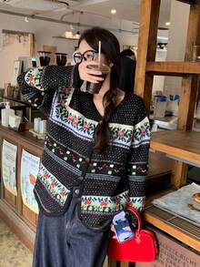 Korean Style Black Jacquard Hand-Knitted Sweater Cardigan, Cozy And Sophisticated - Black - View 6